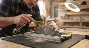 Step-by-step cleaning process for a dull table saw blade for laminate.