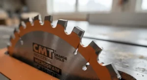Detailed view of the premium carbide teeth on a CMT table saw blade.