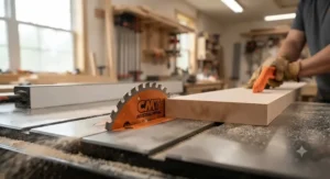 Close-up of a CMT ripping blade making a clean, fast cut through hardwood lumber.