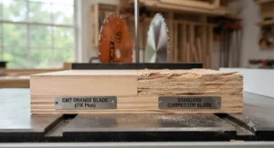 Side-by-side comparison of cut quality between a CMT blade and a standard blade.