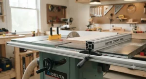A sturdy table saw fence system set to a specific width, perfect for small home woodworking shops.