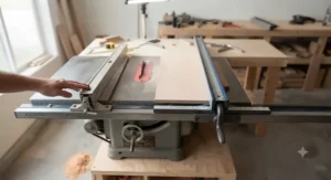 Side-by-side comparison showing a flimsy stock rip fence versus a robust aftermarket fence on a contractor table saw.