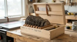 Custom DIY plywood case designed for safe table saw blade storage and protection.