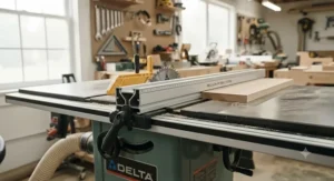 Durable extruded aluminum table saw fence showing clear measurement scales for accurate ripping.