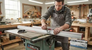 Woodworker installing an affordable T-square table saw fence system on a workshop table saw.