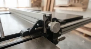 Detail shot of the micro-adjust or fine-adjustment knob on a hybrid table saw fence for precise positioning.