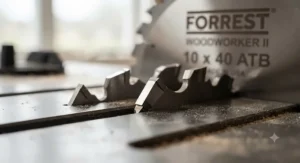 Close-up of C-4 carbide teeth on Forrest Woodworker II blade.