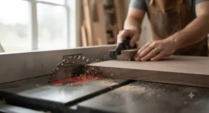 Feeding hardwood stock through table saw with Woodworker II.