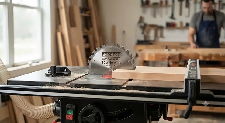 Forrest Woodworker II blade mounted on a table saw for review. Forrest Woodworker II review