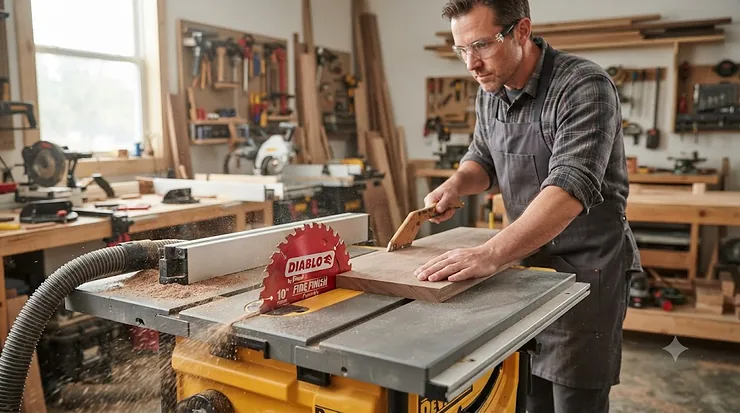 A close-up of a premium Freud Diablo circular saw blade mounted on a professional saw, highlighting its sharp carbide teeth for a comprehensive Freud Diablo blade review.