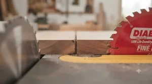 Comparing a cross-cut made by a standard blade versus a high-performance Freud Diablo blade.
