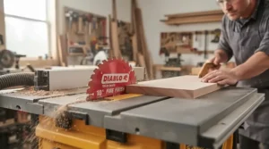 A Freud Diablo blade making a smooth, clean cut through dense oak hardwood during field testing.
