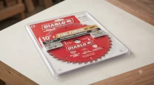 The retail packaging of a Freud Diablo saw blade, showing key technical specifications and compatibility details.