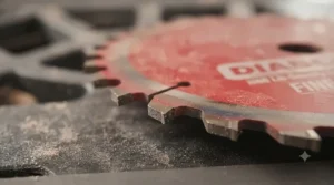Inspection of a Freud Diablo blade edge after extensive use to evaluate durability and longevity.