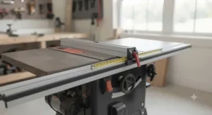 Fully installed table saw fence upgrade kit on a heavy-duty cast iron cabinet saw in a workshop