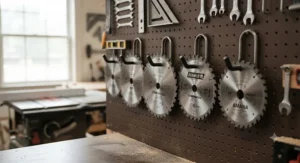 Heavy-duty hooks mounted on a pegboard for vertical table saw blade storage.