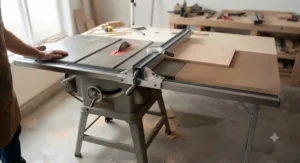 An older model contractor table saw retrofitted with a modern aftermarket fence and extension table.