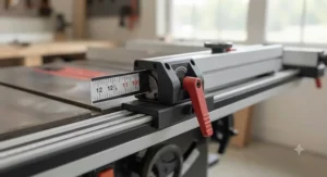 Close-up of a heavy-duty locking mechanism on a table saw fence upgrade kit installed on a cabinet saw