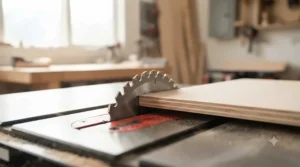 Close-up of a high-tooth-count table saw blade for smooth plywood finish.