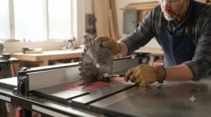 A technician securely installing a new blade on a table saw.