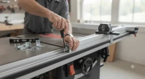 Woodworker mounting steel guide rails during a table saw fence upgrade kit installation on a cabinet saw