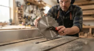 Technician safely installing a table saw blade for laminate into the machine.