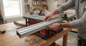 Woodworker mounting the guide rails of a universal aftermarket fence system for benchtop saws to the front of a portable saw.
