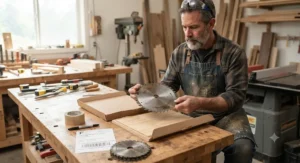 A woodworker preparing a dull blade to be sent out for a professional table saw blade sharpening service.