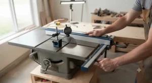 Using a digital dial indicator to check the parallel alignment of an aftermarket fence on a contractor table saw blade.