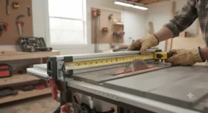 Checking alignment with a tape measure against a t-square fence for jobsite table saws.