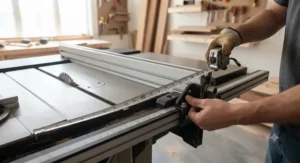A woodworker using a tape measure to check the rip capacity alignment of a table saw fence system.