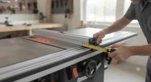 Using a tape measure to check wide rip capacity on a table saw fence upgrade kit for cabinet saws