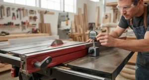 Woodworker using a digital dial indicator to check squareness and accuracy on a Biesemeyer style fence.