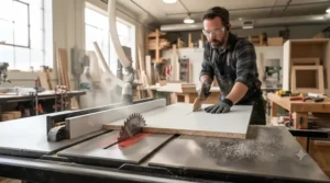 Woodworker using a specialized melamine blade for precise kitchen cabinet fabrication.