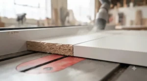 Comparison showing a melamine chipping solution using the correct TCG blade geometry.