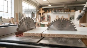 Visual comparison between a general laminate blade and a dedicated melamine blade.