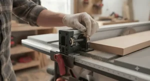 Using the micro-adjustment knob on a t-square fence for jobsite table saws for fine tuning.