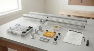 All hardware, rails, and components laid out for the universal aftermarket fence system for benchtop saws ready for assembly.
