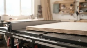 A clean, splinter-free edge on a piece of birch plywood after a saw cut.