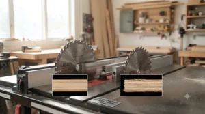 Diagram comparing cross-cut and combination blades for plywood projects.