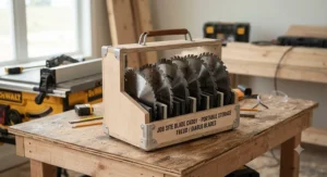 A handheld caddy used for convenient and portable table saw blade storage around the job site.