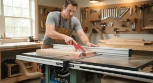 User making a rip cut on a table saw equipped with a reliable aftermarket fence system.