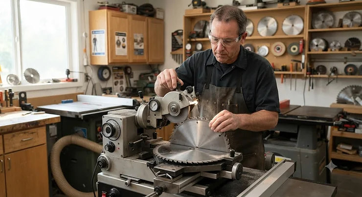 A professional technician performing precision table saw blade sharpening service in a workshop.