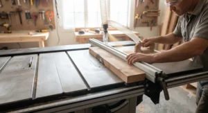 A hardwood board being guided safely along a hybrid table saw fence during a rip cut operation.