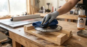 Wiping residue off a circular blade after soaking it in a high-performance table saw blade cleaner.