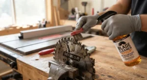 Close-up view of a technician using a table saw blade cleaner to remove hardened resin and pitch.