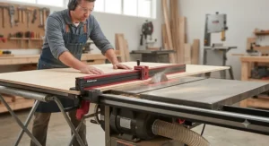 Making a straight rip cut on a large sheet of plywood using a locked-in Biesemeyer style guide fence.
