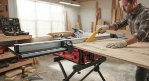 A contractor ripping a sheet of plywood safely guided by a t-square fence for jobsite table saws.