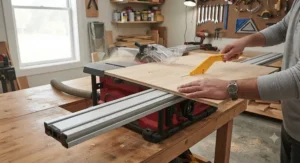 Making a straight rip cut in a sheet of plywood using a table saw equipped with a universal aftermarket fence system for benchtop saws.