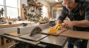 Person using safety equipment while cutting material with a table saw blade for laminate.